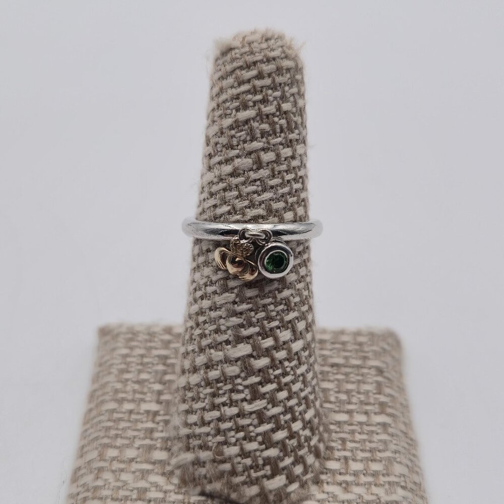 Size 6 Sterling Silver Claddagh And Green CZ Charms Ring A4171